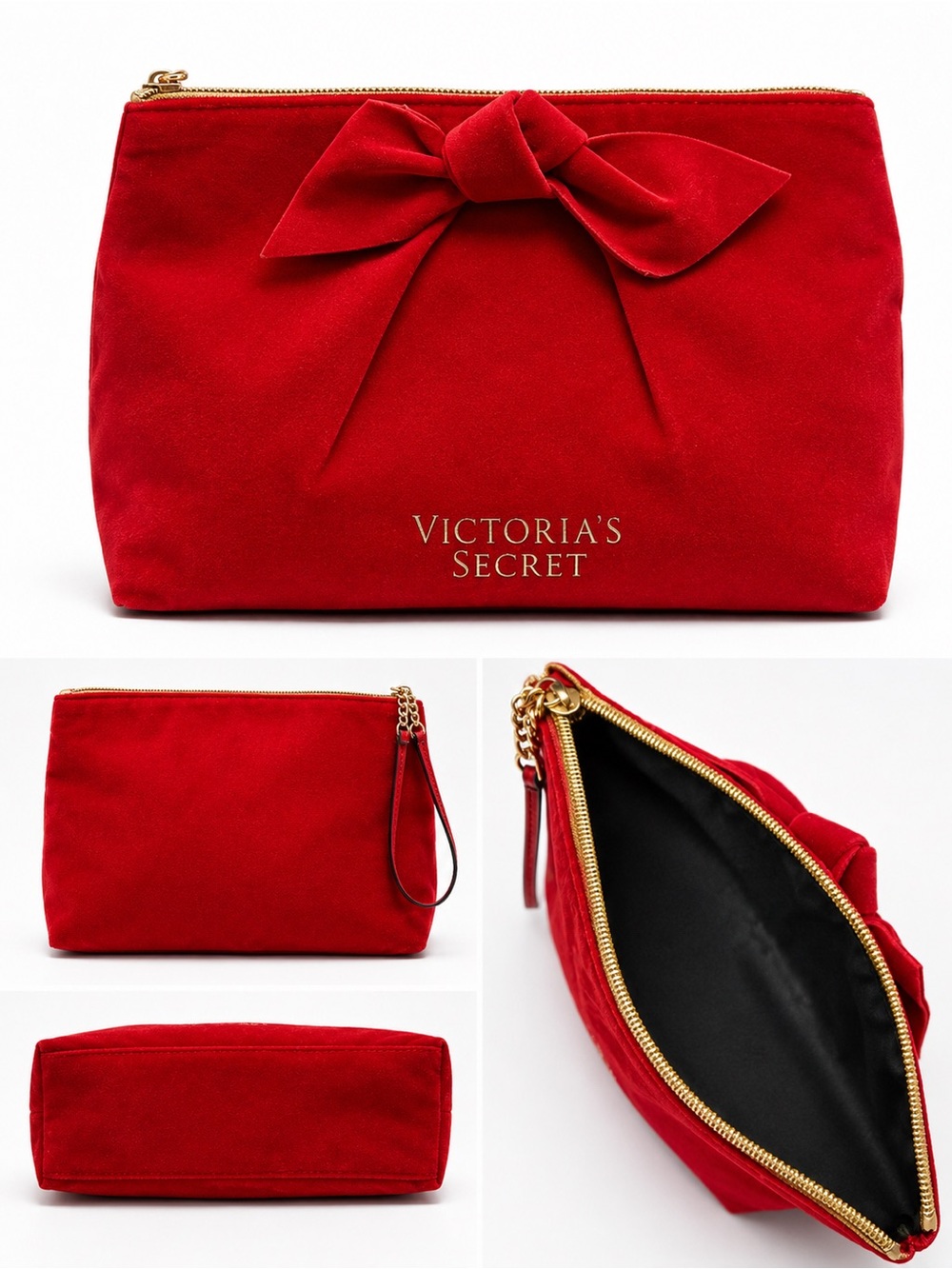 Victoria's Secret Red Velvet Bow Cosmetic Bag with Gold Zip